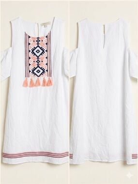 Polagram White Boho Embroidered Tassel Blouse L